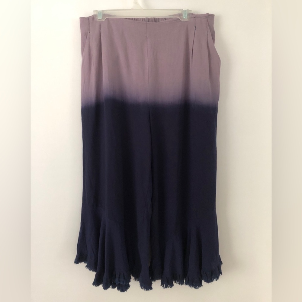 Umgee Ombré Dip Dye Wide Leg Boho Ruffle Hem Purple Blue Capris Linen Blend XL